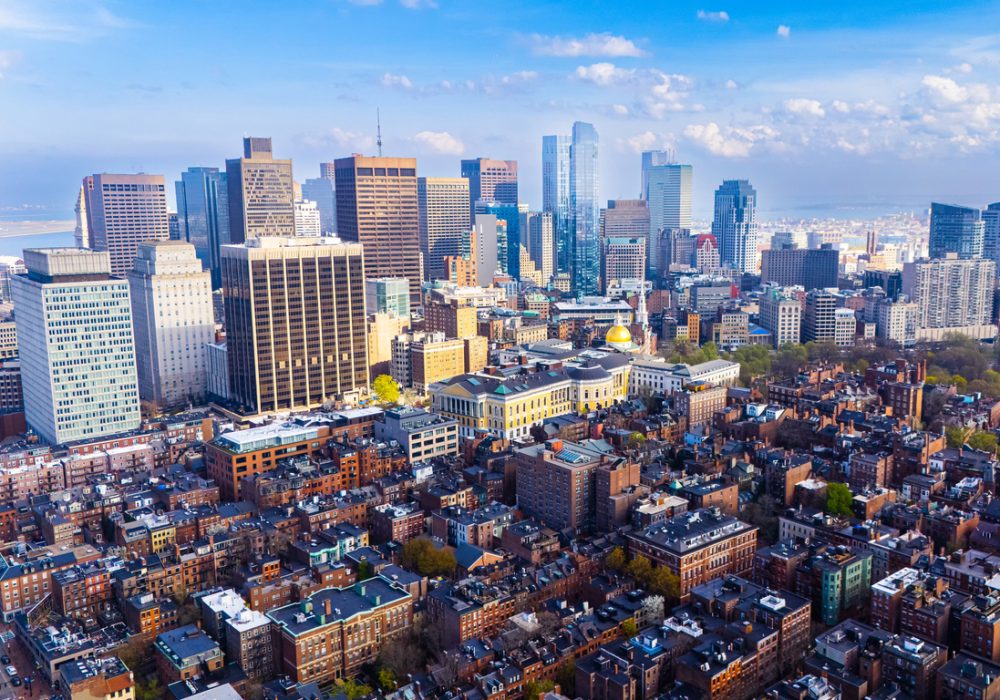 Aerial view of Boston neighborhoods and skyline, home to thousands of small businesses